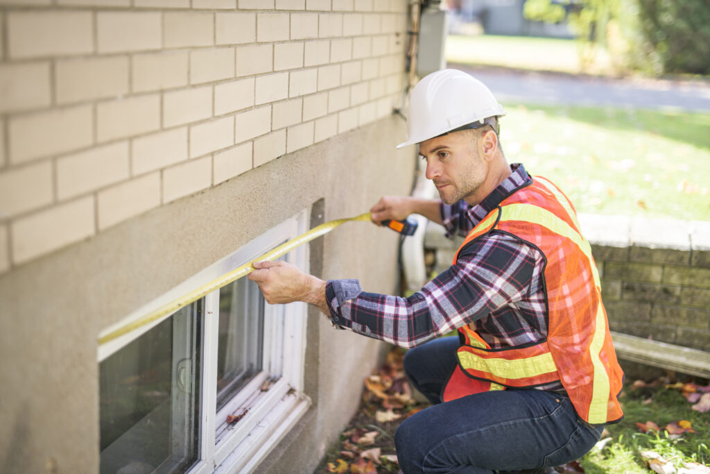 Man inspecting house window outside on day light - Rapid Building Solutions measuring egress window