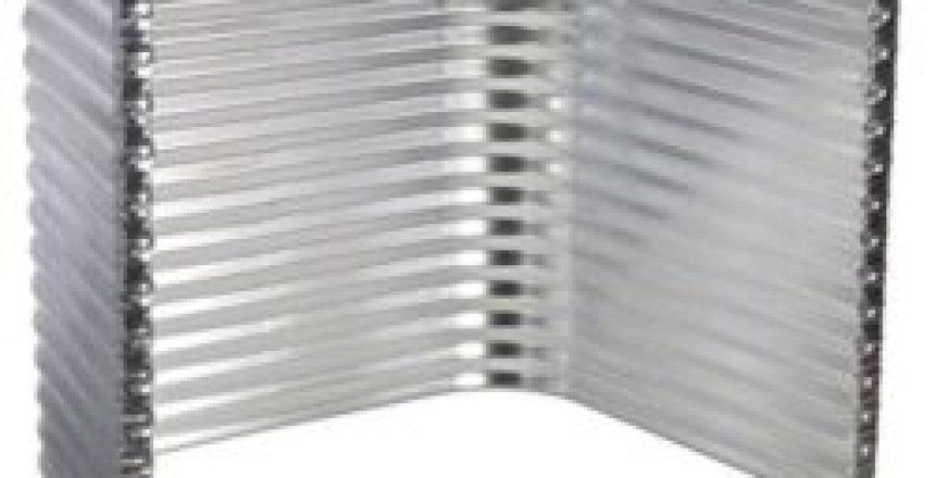 Curved, ribbed metal panels arranged in an accordion-style screen or divider.