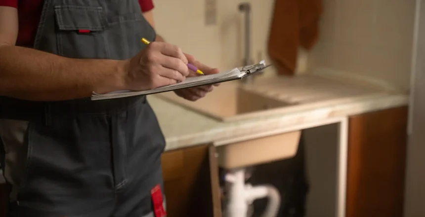 Experienced maintenance professional conducting thorough kitchen sink plumbing inspection, carefully documenting findings with clipboard and detailed notes for comprehensive service evaluation