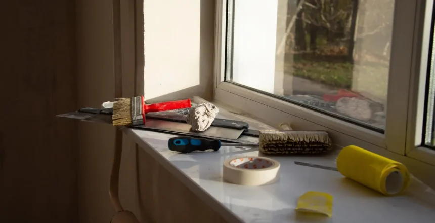 Various painting and renovation tools are placed on a bright windowsill, with natural light streaming in from outside.