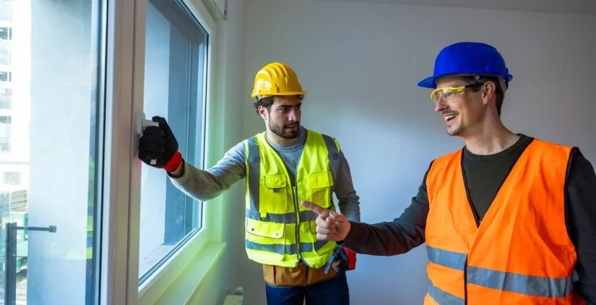 Two male contractors in safety gear are engaged in a professional conversation about window placement. One worker holds a tablet while the other points towards the window frame, showing coordination and project management during renovation.