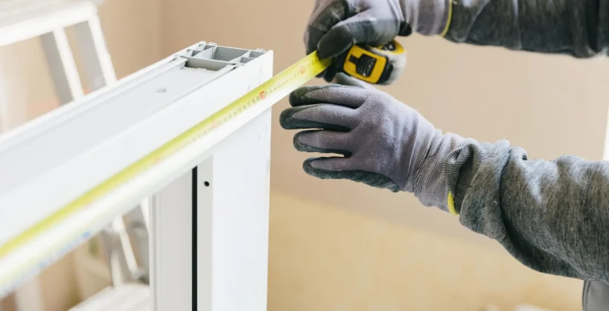 A mature worker in uniform uses a tape measure to measure the height of a plastic window frame before installing it in a bedroom opening on a sunny spring day. Close-up side view. Concept: window and frame installation and repair, solo work, using technology.