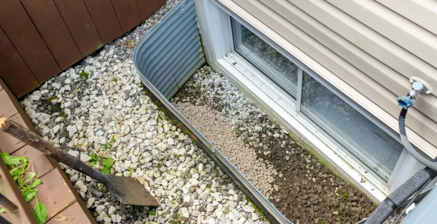 Gravel and soil mixture fills a window well, bordered by decorative stones and a shovel, illustrating effective landscaping and drainage techniques