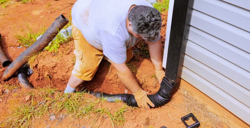 Flexible gutter extension drainage pipe connector downspout installation with water draining down